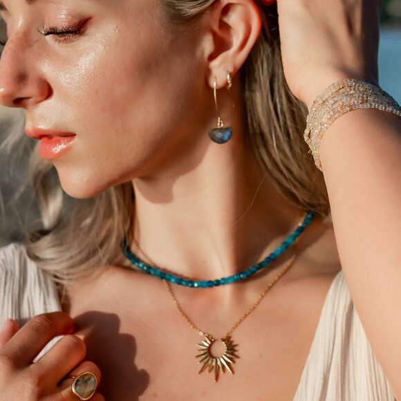 STUNNING Gemstone Dangle Earrings Labradorite Earring WATERPROOF Gold threader - Picture 3 of 14